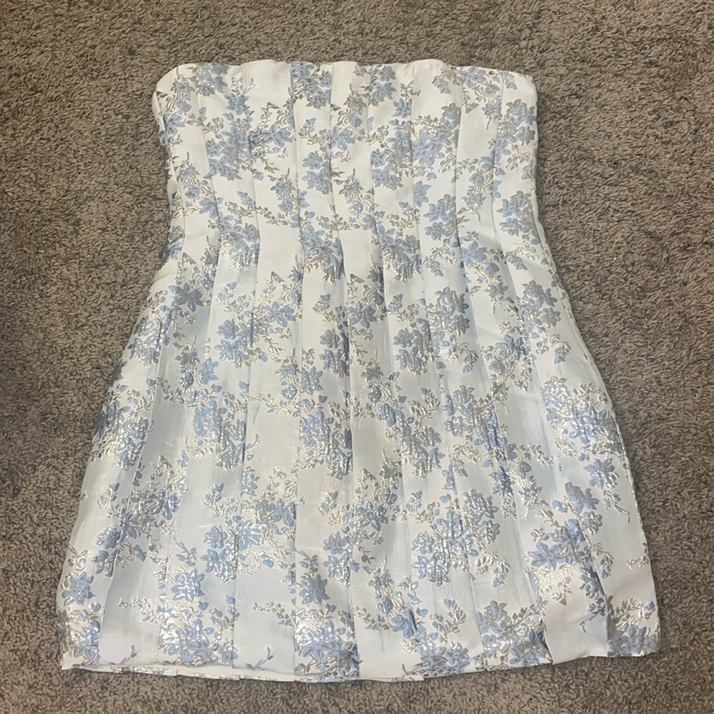 Storia jacquard floral pleated mini dress blue/gold